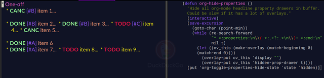 I get weird behavior in a normal org file when hiding properties using an overlay suggested in the org-roam FAQs (included in screenshot) where the headlines in CONTENTS cycle mode appear joined together. Any ideas why?