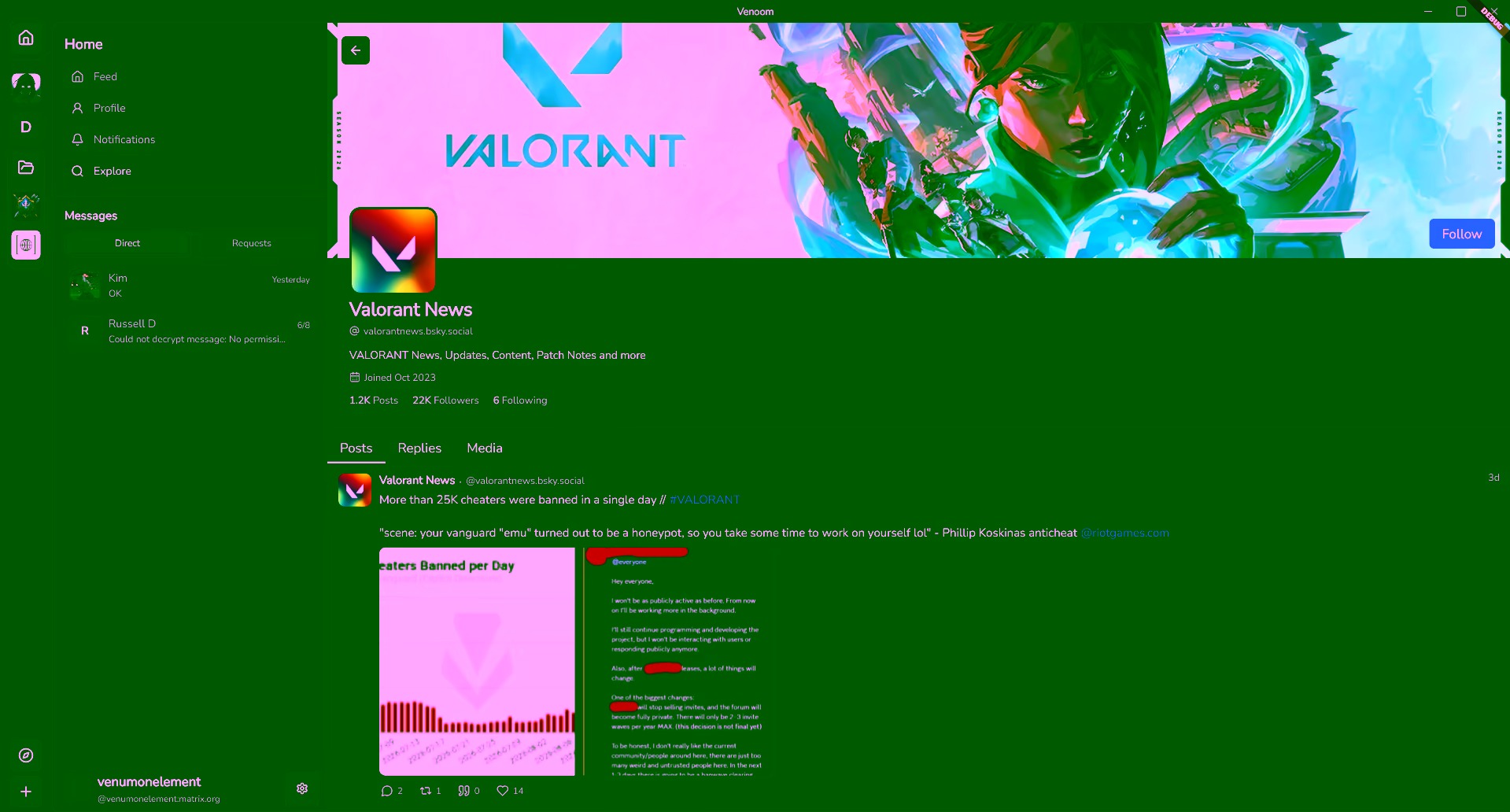A user profile in Venoom