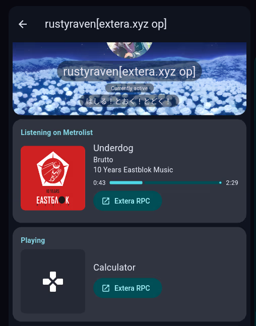 Viewing a user profile in Extera: They are listening to a song and we can see the album, song metadata, and current position in the song, as well as what player they are using. Additionally, they are "playing" the calculator app.