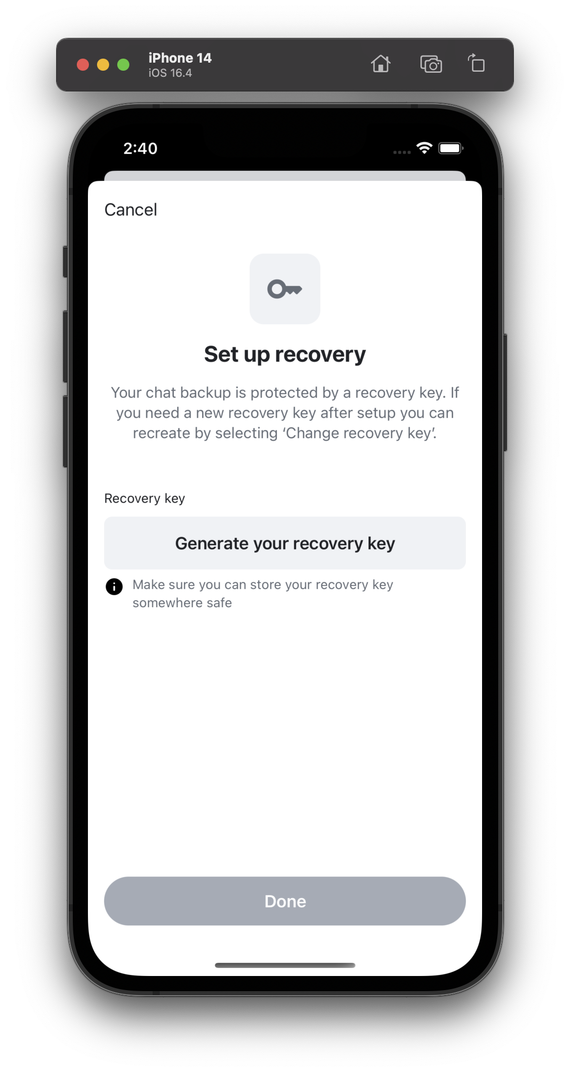 An iOS dialog saying "Set up recovery" at the top, a description explaining the recovery key and a button to generate it. At the very bottom is a "Done" Button.