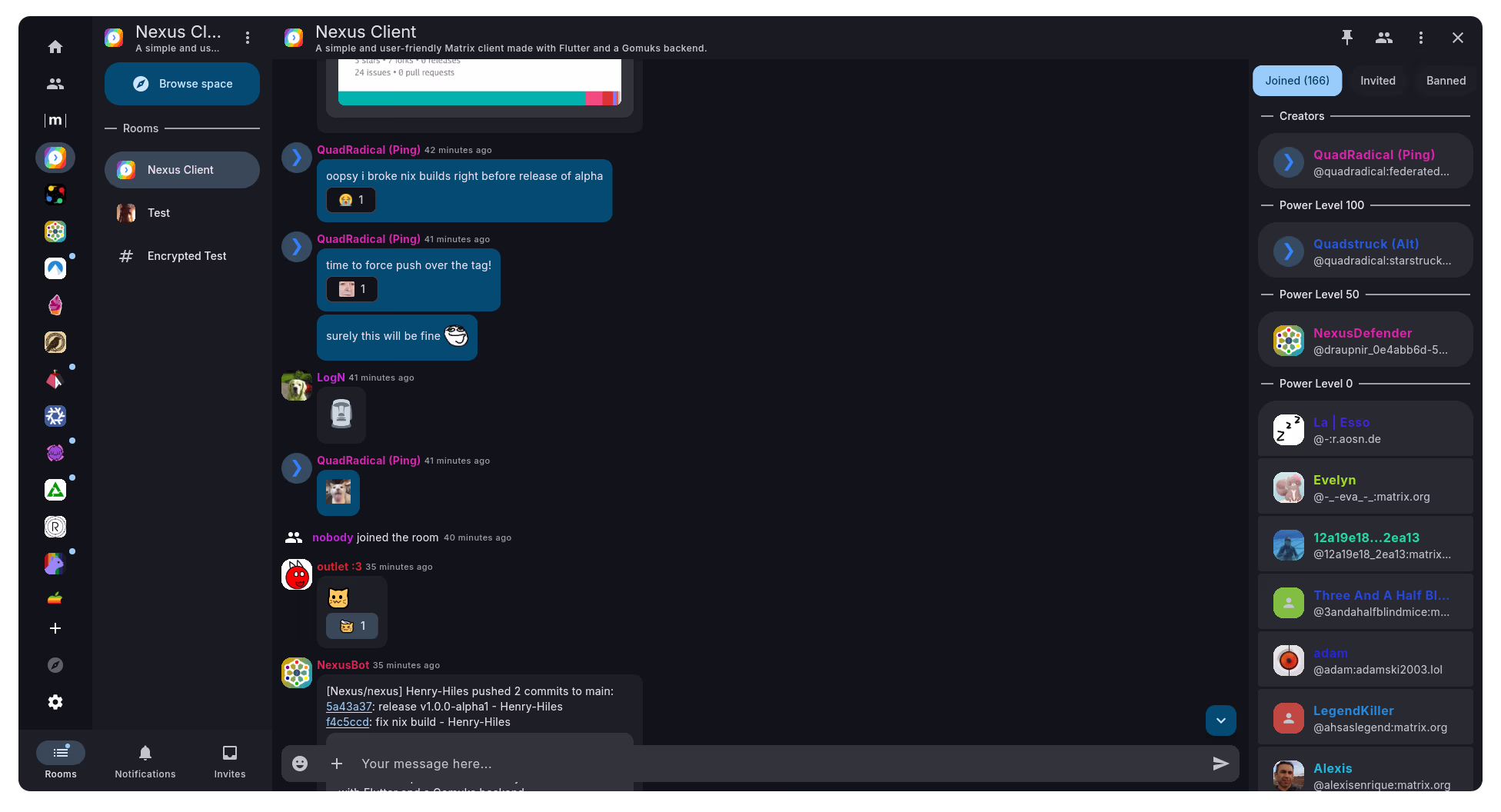 A screenshot of Nexus, showing a space list, a list of children of that space, with "Browse space" button, a chat view, and a member list.