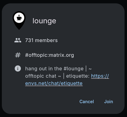 A dialog showing the name, avatar, member count, canonical alias, and topic of the Envs lounge