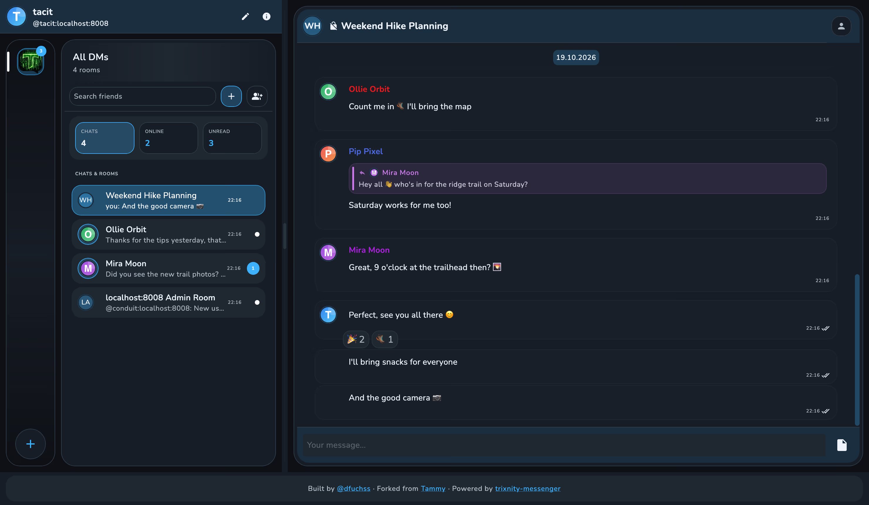 Timeline with grouped messages, a reply and reactions