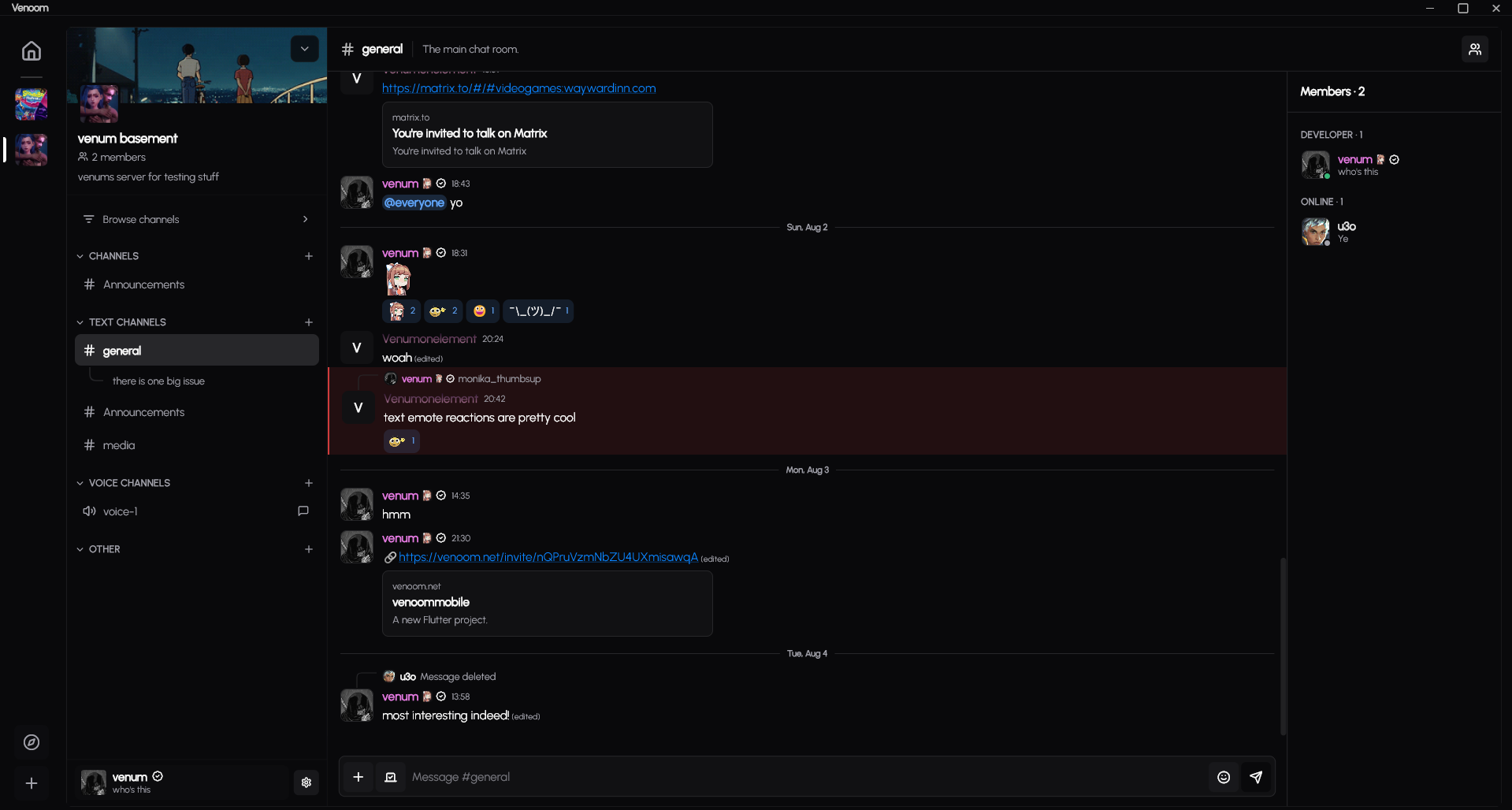 Screenshot of chats in Venoom